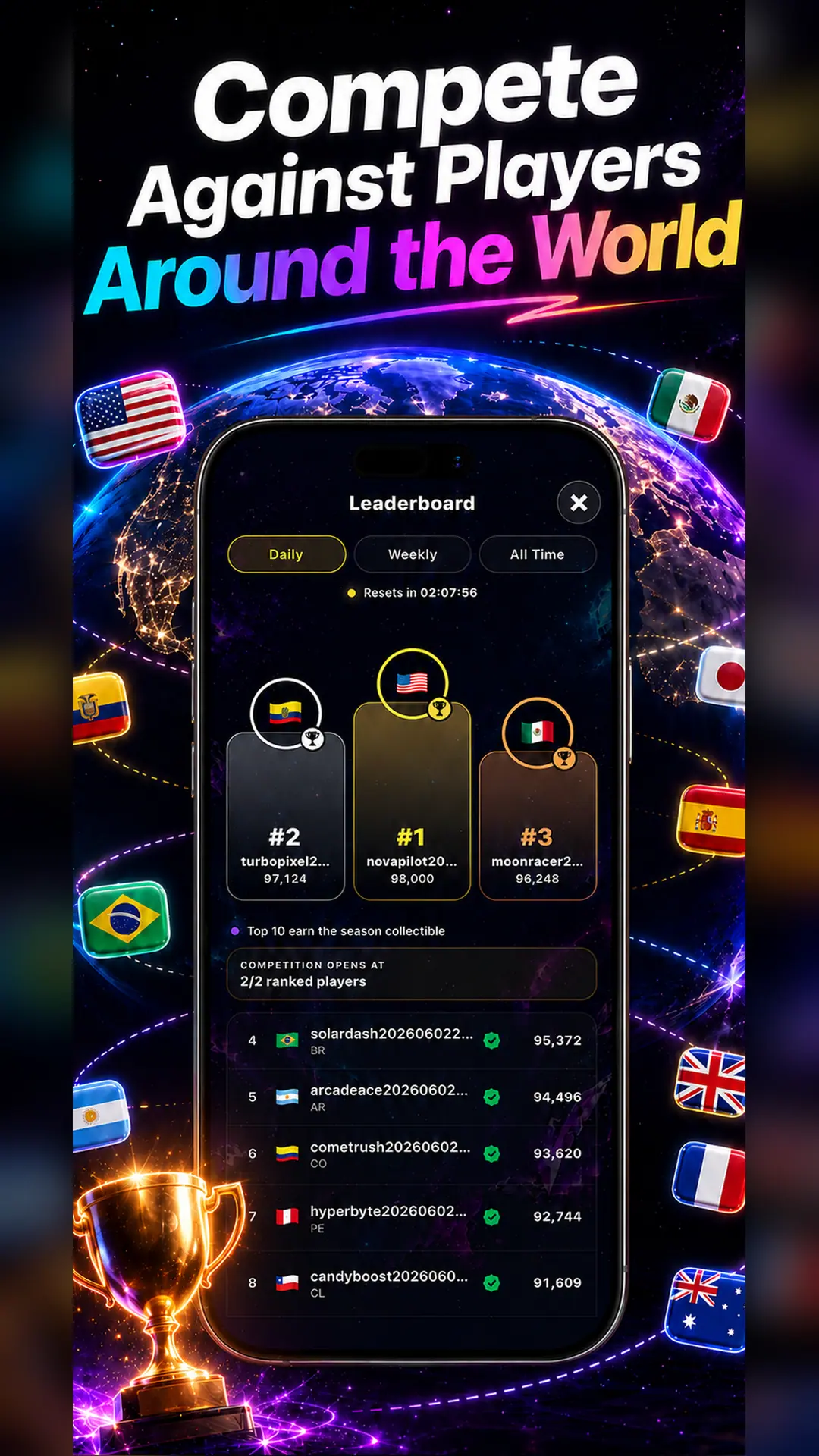 Swipe2Play daily worldwide leaderboard on iPhone