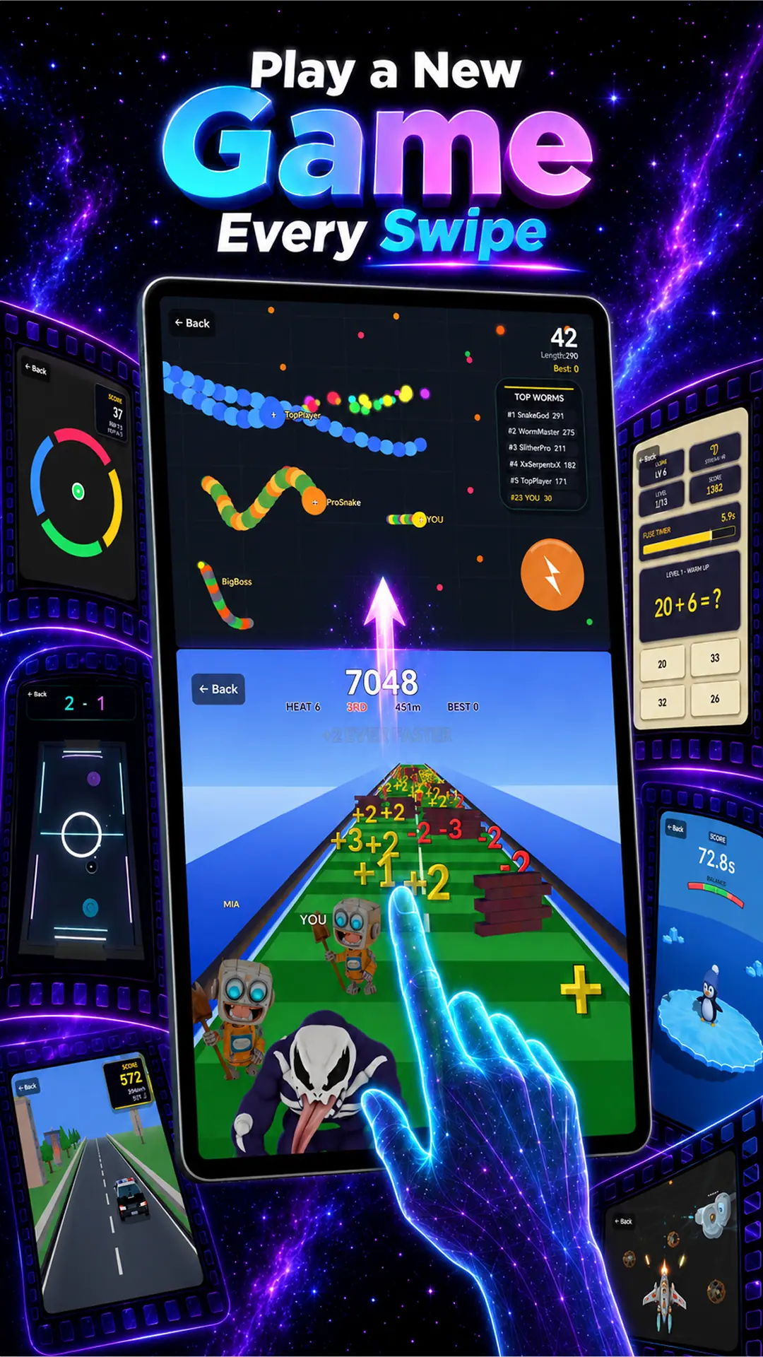 Several no WiFi mini-games shown around a tablet